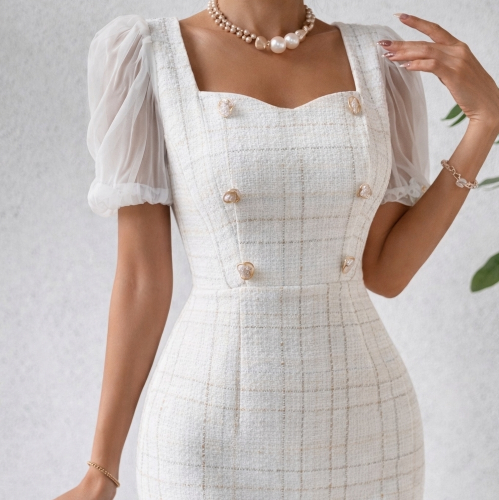 SHEIN White and Gold Plaid Dress